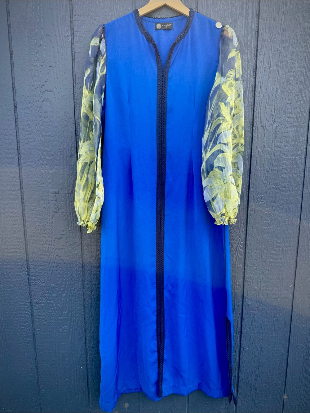 kounouz dress, Bright Blue Maxi Dress with Sheer Botanical Sleeves